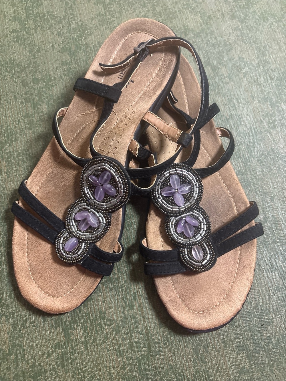 Clarks Black Strappy Sandals with Purple Beaded Floral Medallions